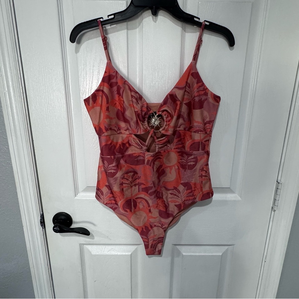Beach‎ Riot One Piece Swimsuit XL | Cutout Ring Detail Tropical Sunset Print